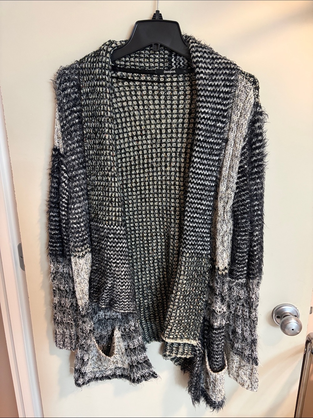 Desigual Black & White Mixed-Knit Open Cardigan